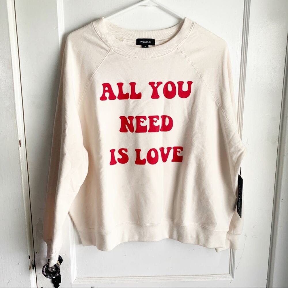 WILDFOX All You Need Is Love Crewneck Sweatshirt Graphic Print Beatles Large NWT